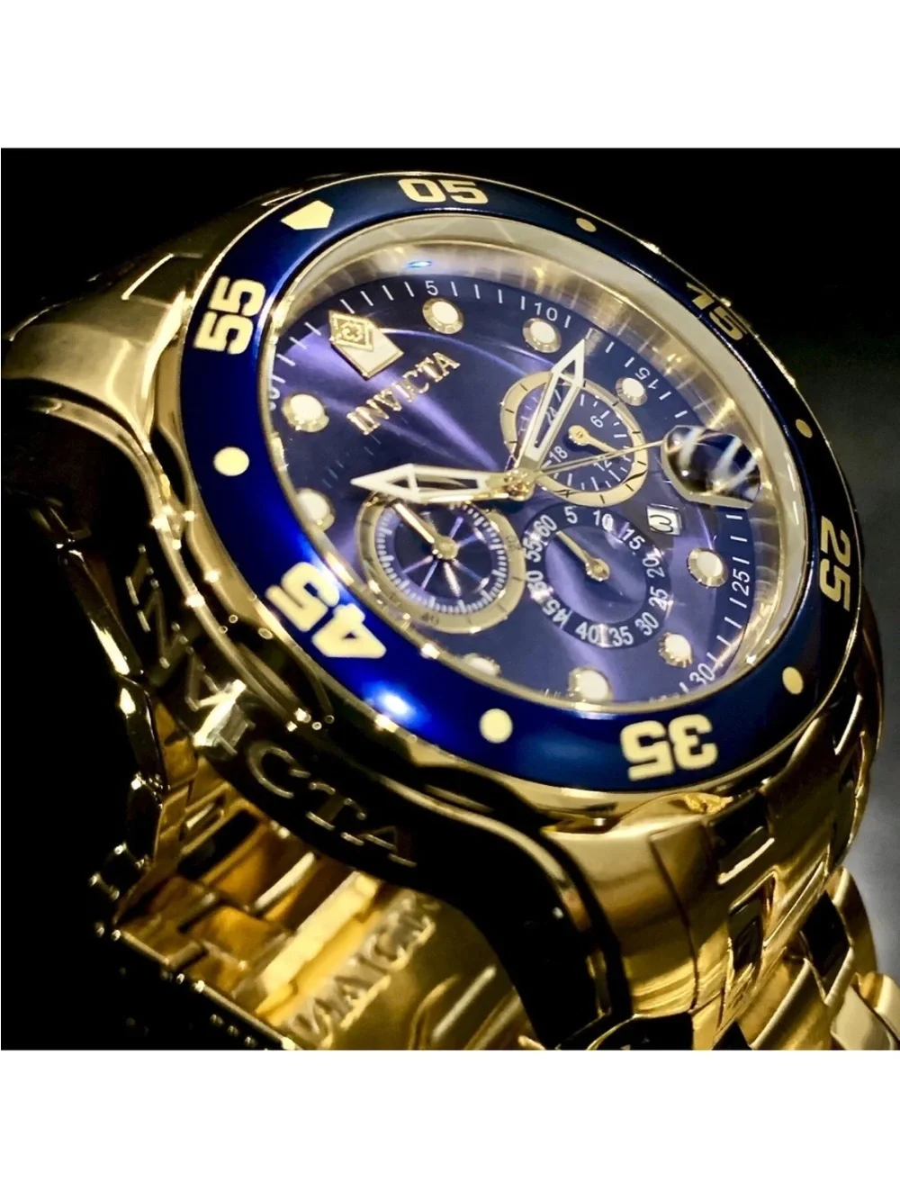 Invicta Men’s PRO DIVER SCUBA Chronograph Blue Dial 18kt Gold Plated Watch. 0073 - Picture 2 of 12